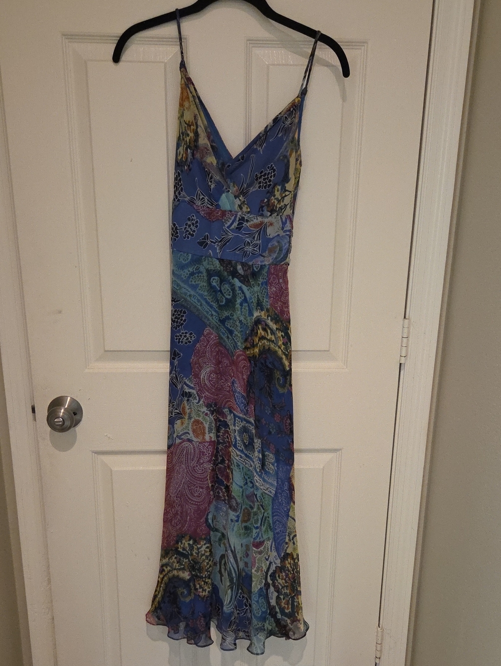 Talbots Blue Multi Floral Paisley Spaghetti Strap Maxi Boho Silk Dress OBO AS IS